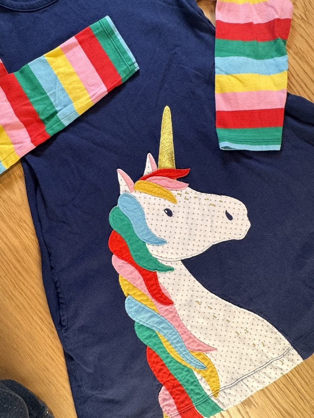 Mini Boden Girls Navy Unicorn Applique Dress Rainbow Stripe Long Sleeve 7-8Y 128